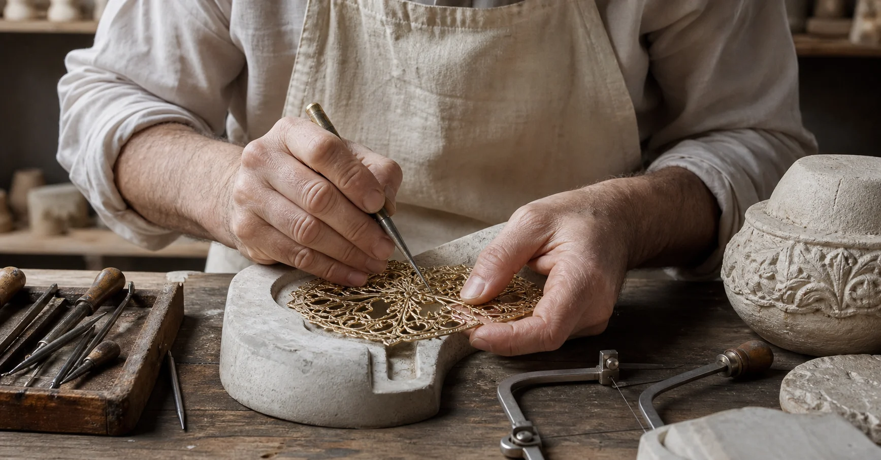 An artisan engraving an original openwork gold ornament