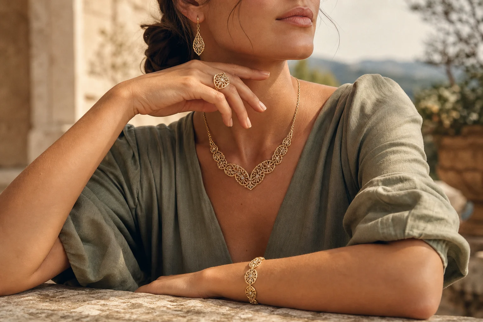 A woman wearing original openwork gold jewelry on a sunlit stone terrace